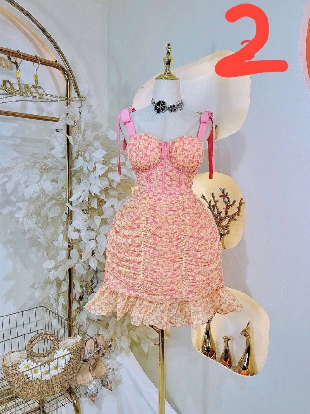 Pink Floral Ruffled Bustier Mini Dress With Padded